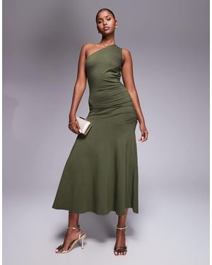 Fashionkilla Exclusive Cotton One Shoulder Ruched Side Maxi Dress - Green