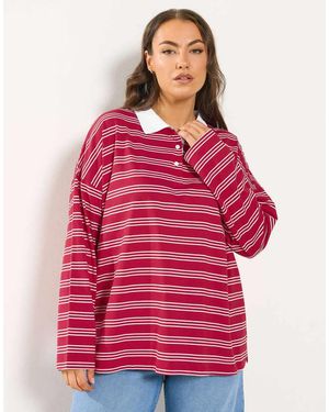 Yours Clothing Stripe Rugby Collar Top - Red