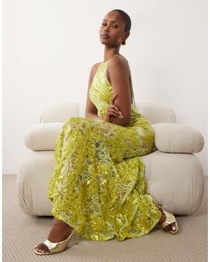 ASOS Embellished Lace High Neck Maxi Dress With Full Godet Hem - Green