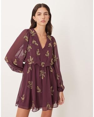 Maya Embellished Long Sleeve V Neck Mini Dress - Red