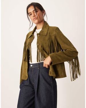 Urbancode Fringed Faux Suede Jacket - Green