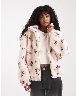 Miss Selfridge Floral Borg Zip Through Jacket - Natural