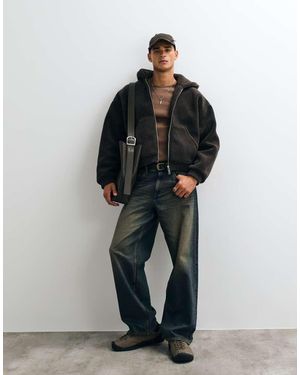 Weekday Oversized Borg Fleece Funnel Neck Zip Hoodie - Black
