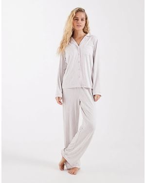 Loungeable Super Soft Jersey Revere Top And Trouser Set - White
