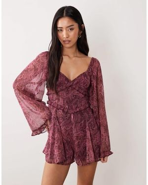 Miss Selfridge Long Sleeve Chiffon Playsuit - Red