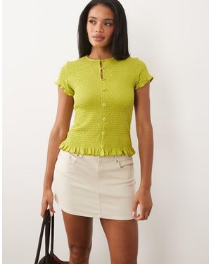 ASOS Cotton Shirred Button Down Short Sleeve Top - Yellow