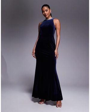 Jarlo Embellished High Neck Velvet Maxi Dress - Blue