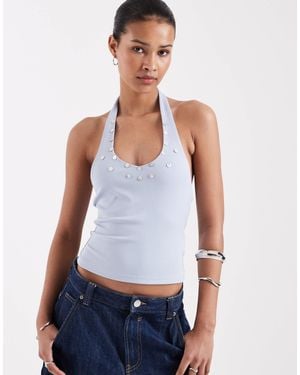 Motel Amita Button Ribbed Knit Halter Top - White