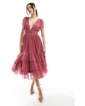 LACE & BEADS Bridesmaid Madison Midi Dress - Red