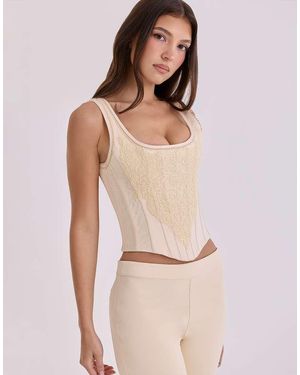 House Of Cb Mimi Vintage Ivory Embroidered Satin Corset Top - Natural