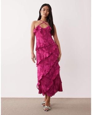 Pretty Lavish Ruffle Jacquard Cross Strap Midaxi Dress - Pink