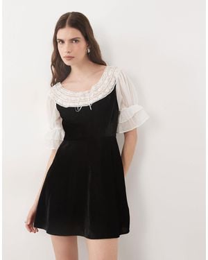 Miss Selfridge Velvet And Lace Mini Tea Dress - Black