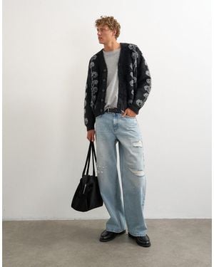 TOPMAN Relaxed Fit Fluffy Knit Cardigan With Floral Design - Black