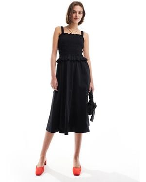 & Other Stories Mixed Fabric Midi Dress With Ruched Square Neck Bodice And Full Hem - Black