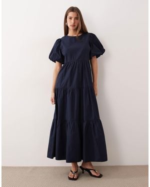 Y.A.S Volume Sleeve Tiered Cotton Maxi Dress - Blue