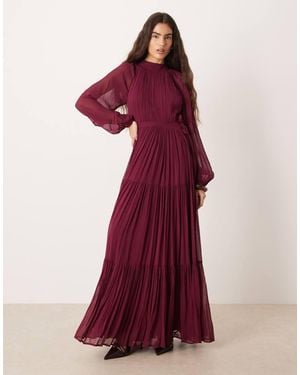 LACE & BEADS Chiffon Balloon Sleeve Tie Waist Pleated Tie Maxi Dress - Red