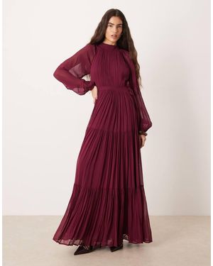 LACE & BEADS Bridesmaid Violetta Long Sleeve Maxi Dress - Red