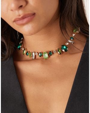 ASOS Short Necklace With Faux Green Sparkly Crystal Details - Black