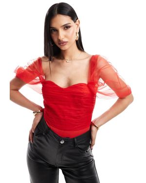 LACE & BEADS Tulle Bardot Bodysuit - Red