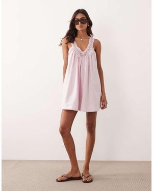 ASOS V Neck Smock Poplin Mini Sundress With Lace Overlay - Pink