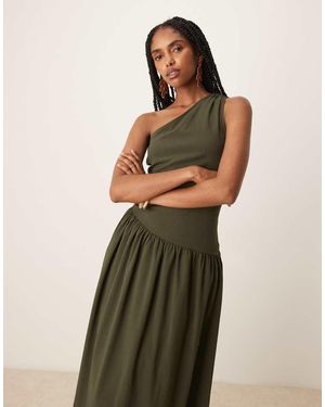 Mango One Shoulder Drop Waist Maxi Dress With Soft Bubble Hem - Green