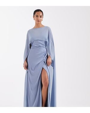 TFNC London Bridesmaids Satin Cape Detail High Split Maxi Dress - Blue