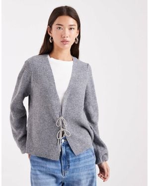 Pieces Cardigan With Embellished Bow Ties - Gray