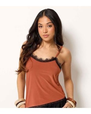 PixieGirl Petite Lace Trim Asymmetric Vest Top - Brown