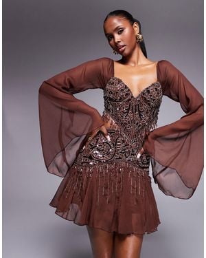 ASOS Fluted Sleeve Mini Dress With Placement Embellishment - Brown
