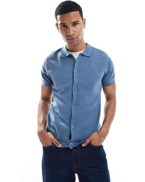 New Look Knitted Button Down Short Sleeved Shirt - Blue