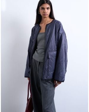 TOPSHOP Two-tone Collarless Fleece Liner Jacket - Blue