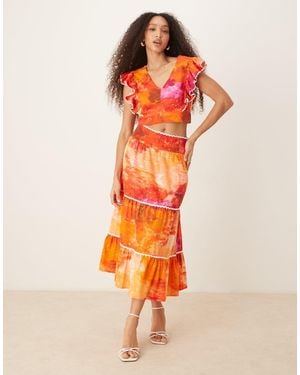 Hope & Ivy Scallop Trim Tiered Midi Skirt Co-Ord - Orange
