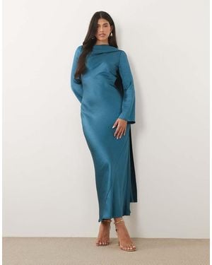 TFNC London Satin Scarf Detail Bias Maxi Dress - Blue
