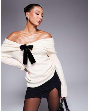 River Island Maglione Con Scollo Alla Bardot E Fiocco - Grigio