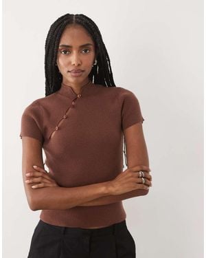 Miss Selfridge Gebreide Top Met Mandarijnkraag - Bruin