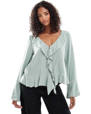 Vero Moda Ruffle Trim Bell Sleeve Boho Blouse - Grey