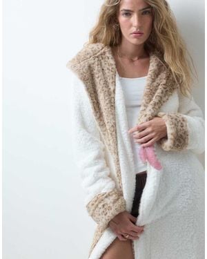 Loungeable Vestaglia Lunga Con Cappuccio, Stampa Leopardata A Contrasto, Bianca E Color Mink - Grigio