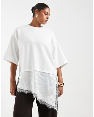 Vero Moda Oversized Asymmetric T-shirt With Lace Trim - White
