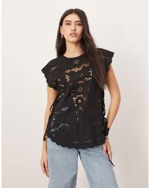 ARRANGE Cotton Cutwork Embroidered Top With Tie Side - Black