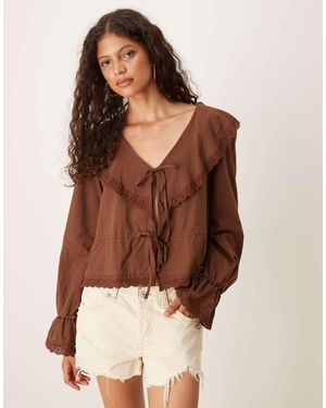 ASOS Cotton Tie Front Ruffle Boho Blouse - Brown
