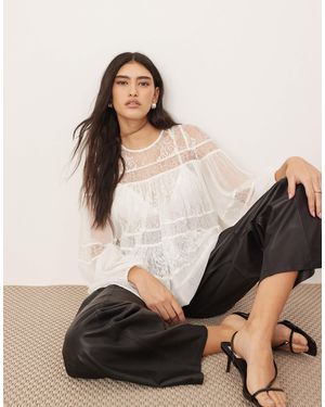ARRANGE – es top mit blousonärmeln, kordelzug-detail und spitzendetail - Schwarz