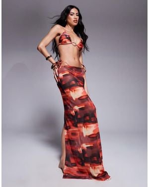 South Beach Abstract Print Mesh Maxi Beach Skirt - Red