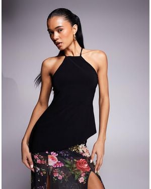 ASOS Slinky Halterneck Asymmetric Top With Back Gold Trim Detail - Blue