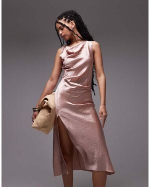 & Other Stories Sleeveless Hammered Satin Midaxi Dress With Drape Detail And Thigh Split - Brown