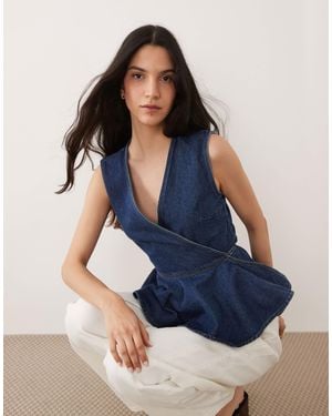 River Island Peplum Tie Denim Top - Blue