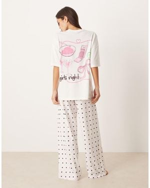 ASOS Oversized Tee And Wide Leg Jersey Trousers Pyjama Set - Natural