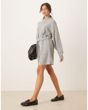 Glamorous Rib Knit Tie Waist Mini Knit Dress - Natural
