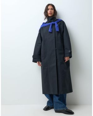 ARKET Waxed Cotton Funnel Neck Maxi Trench With Cord Inner Collar Detail - Blue