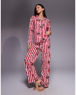 Boux Avenue Pijama A Rayas De Pantalones Y Top De Manga Larga Con Estampado De Navidad Con Bolsa De Felpa De - Rojo