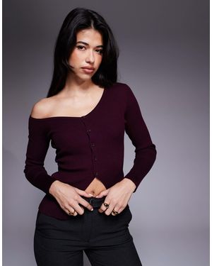 Kaiia Exclusive Off Shoulder Button Split Front Long Sleeve Knitted Top - Purple